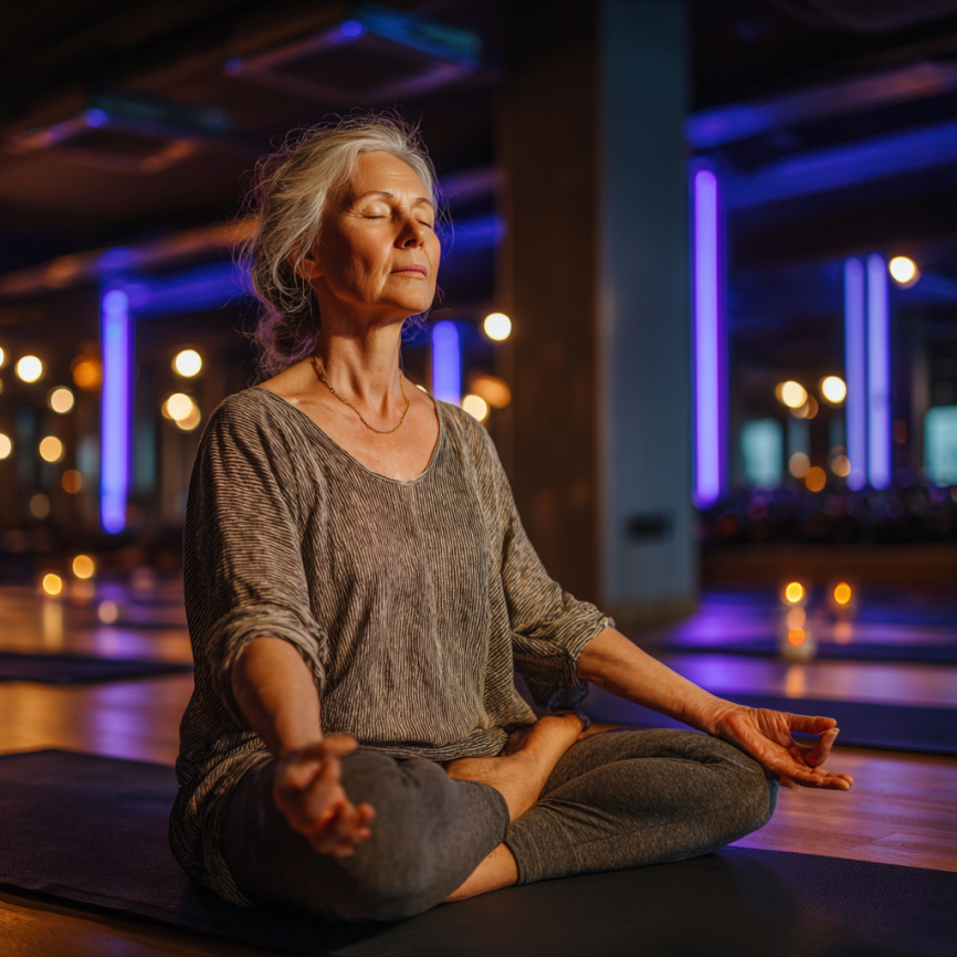 Пожилая женщина выполняет йогу на коврике