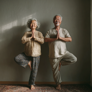 Группа пожилых людей на занятии йогой