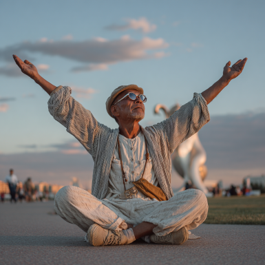 Пожилой мужчина в позе йоги на природе